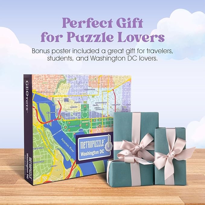 GeoToys Metropuzzle, Washington, D.C. Jigsaw Puzzles 1000 Pieces - 27 x 19 Detailed Geography Puzzle, Challenging Adult Puzzle, Fun Puzzles for Adults, Map Poster Included for Adults
