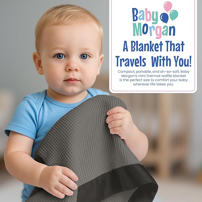 Thermal Waffle Knit Baby Blanket - Soft Breathable Mini Blanket for Newborns and Infants - Toddler Blankey for Strollers, Travel, Naptime, Nursery and More - 18" x 20" (Gray, Satin Trim)