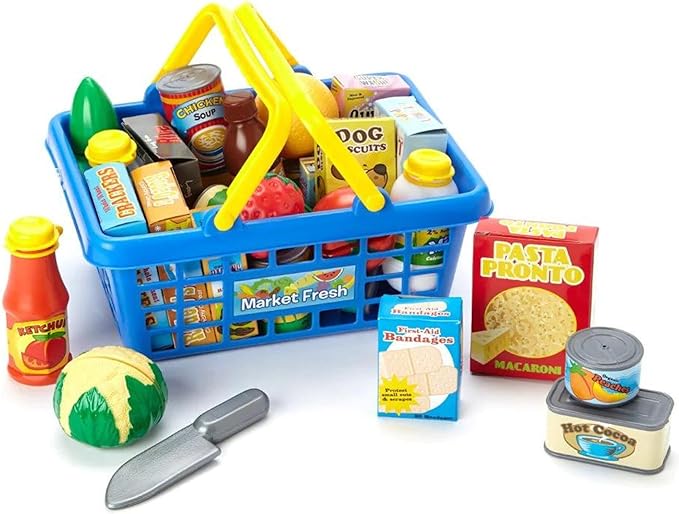 Small World Toys Kids Grocery Basket Play Food Set, Pretend Food Kids Shopping Basket Toddler Playset, 32 Pcs Grocery Food Play Kitchen Accessories, Educational Toddler Toys for Girls & Boys