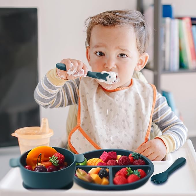 Dandat 24 Pcs Silicone Baby Feeding Set,6 Baby Toddler Suction Bowls 6 Divided Suction Plates with 6 Forks 6 Spoons, Utensils Set for Weaning Infant Feeding and Eating, 6 Styles (Elegant Color)