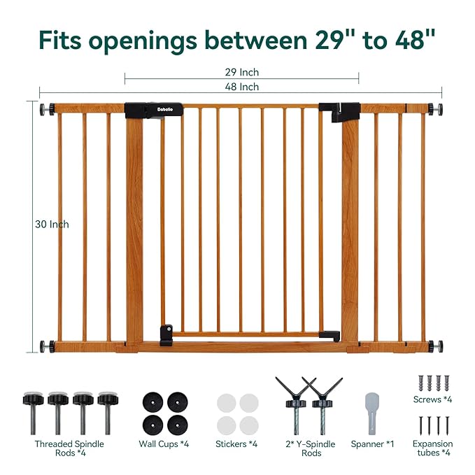BABELIO 29-48" Metal Baby Gate with Brown Wood Pattern, Auto Close Dog Gate PressGuard P7 for The House, Stairs and Doorways, Pressure Mounted Pet Gate with Door, Safety Gate for Child and Pets