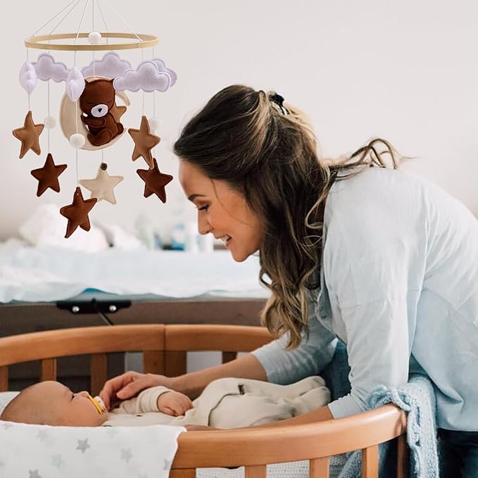 Baby Mobile for Crib - Animal Crib Mobile With Music for Girls and Boys, Wooden Bed Bell Hanging, Nursery Mobile for Bassinet Room Decor (Bear)