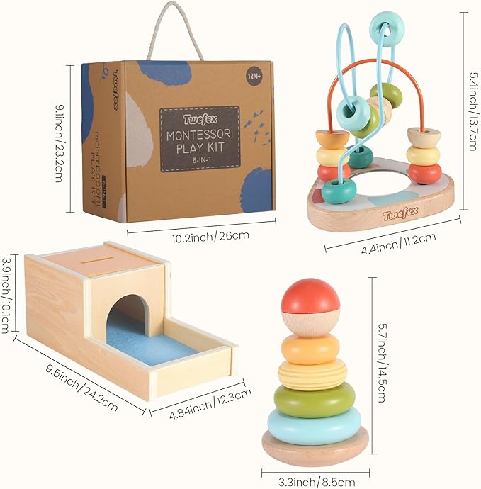 Wooden Montessori Learning Toys Kit,Babies Toys Set for 1 Year Old, Sensory and Thinking Play kit for Toddlers (Boys and Girls). 4 in 1 Drop Box; Rocking Stacker; Bead Maze.