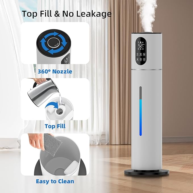 8L Smart Humidifier Large Room,2.1Gal humidifier for bedroom with Timer, 360°Nozzle, Top Fill Whole House Cool Mist Quiet Humidifiers for Plants Baby Kids Adults Office (White)