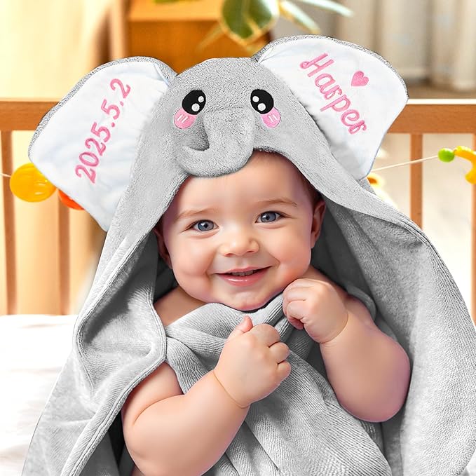 Custom Hooded Baby Towel with Name, Personalized Soft Absorbent Elephant Bath Towel, Shower Towels for Girls Boys, Easter Brithday for Kids Baby, Toddler, Newborn Essential