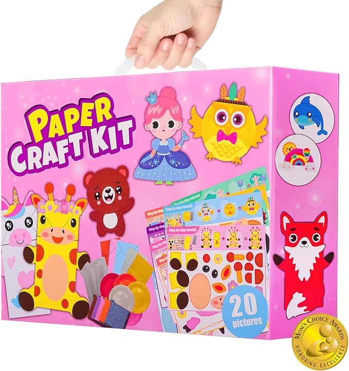 DINSUMRUG 20 Animal Arts & Crafts Kit for Kids 4-6, All-Inclusive Toddler Craft Box with Paper Plates, Puppets, Fun Activities, Tigers, Lions (134 Characters) (Princess)