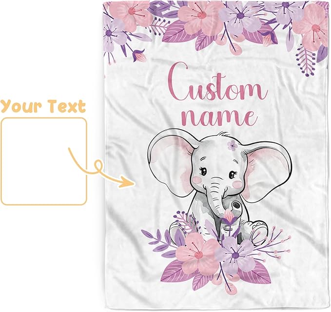Custom Baby Blanket, Personalized Baby Blankets with Name for Infant Girl Boy, Flannel Double Layer Dotted Backing Receiving Swaddle Blanket, Purple Elephant Toddler Customized Gifts(30"x40")