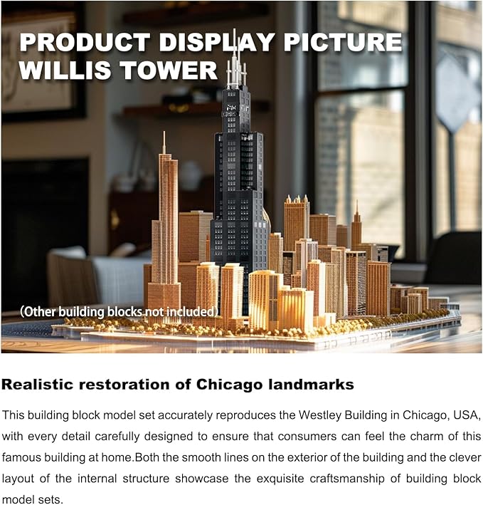 Chicago Willis Tower Model Building Blocks Sets Chicago Skyline Architecture Building Kits Famous Landmark Model Toys Gift for Adults Kids Teens 1241 PCS