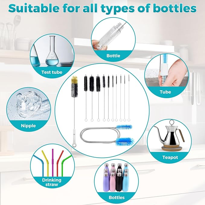 12 Pack Glass Tube Pipe Cleaner Brush Set, for Cleaning Long Neck Bottle, Bent Glass Tube,17-inch Long Handle Brush,8.2-inch Different Diameters Brushes,35-inch Flexible Double Ended Cleaner