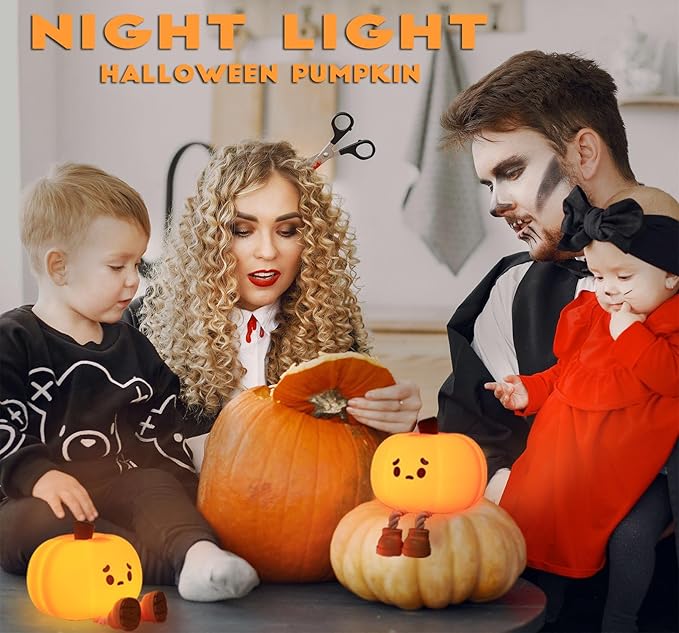 LED Pumpkin Night Light, 3 Level Dimmable Nursery Decor, Cute Lamp Silicone Squishy Light, Rechargeable Bedside Touch Lamp for Breastfeeding Toddler Baby Kids Decor