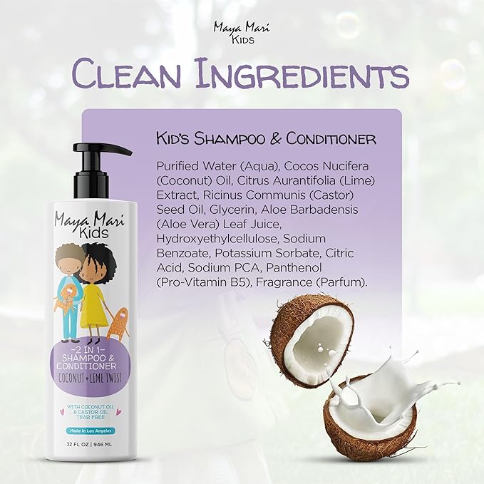 2 in 1 Natural Kids Shampoo and Conditioner, Tear Free | For Toddlers with Curly Hair | For All Kids Hair Types | Coconut & Lime Twist, Made in the USA, 32 Fl Oz