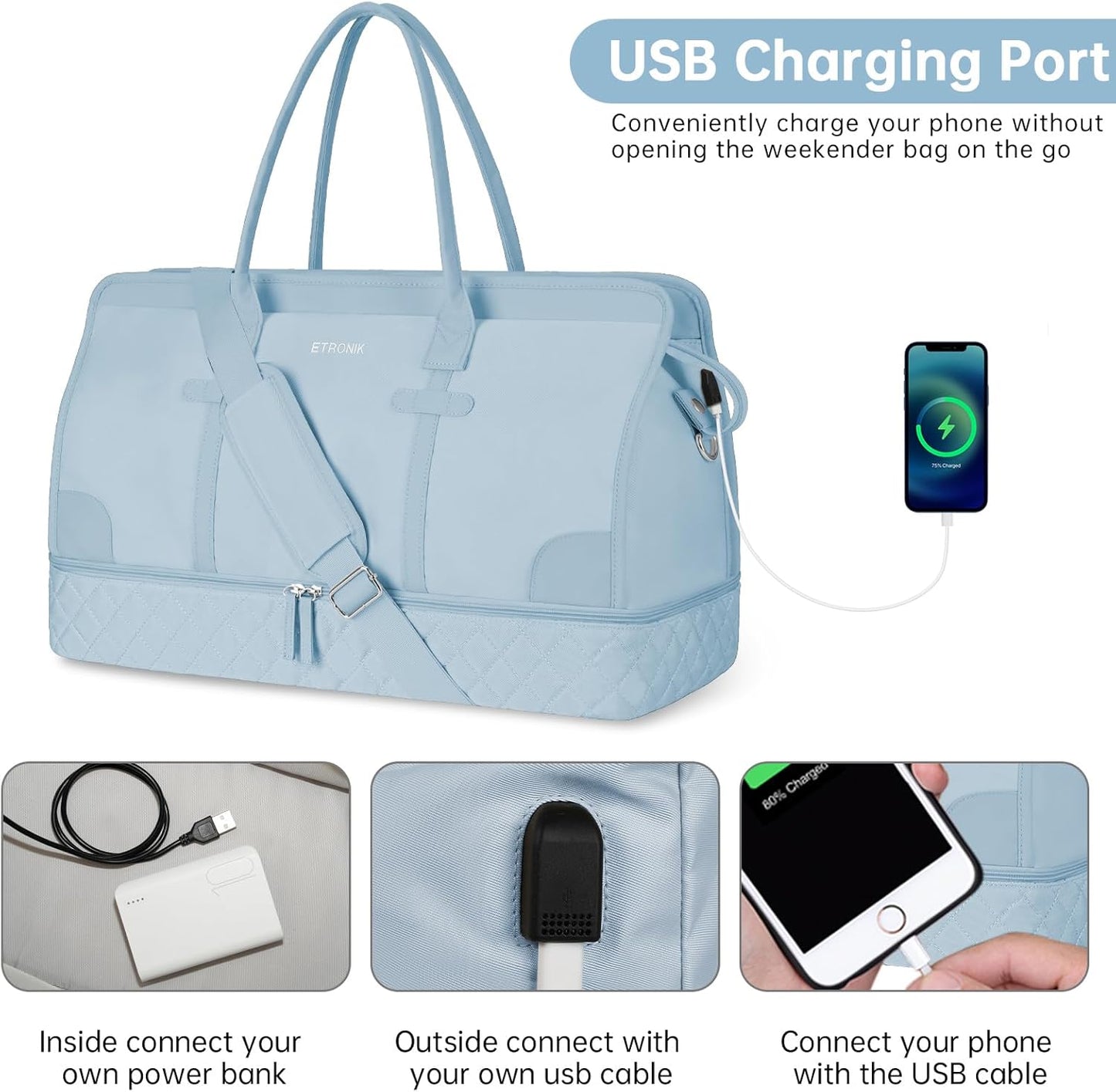 ETRONIK Weekender Overnight Bag for Women, Large Travel Duffle Bag with Shoe Compartment & Wet Pocket, Carry On Tote Bag Gym Duffel Bag with Toiletry Bag, 3 Pcs Set, Large Size, Light Blue