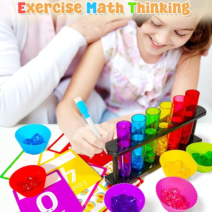 Rileryan 105 Pcs Test Tube Counting and Color Sorting Kit Sensory Bin Table Filler Accessories Fine Motor Skills Color Matching Rainbow Sorting Set with Acrylic Gems Crystals Sorting Bowls Cups Tools