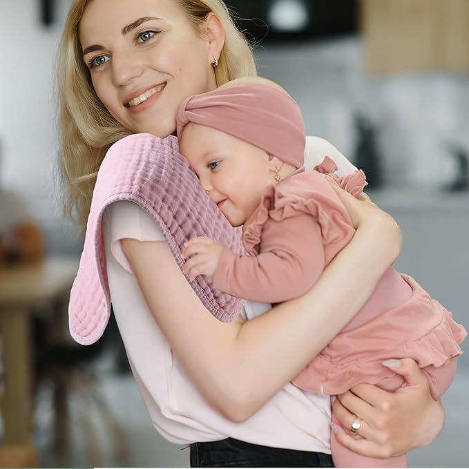 VitalCozy 6 Pcs Baby Muslin Hooded Bath Towels and Washcloths, 32 x 32 Inch Muslin Cotton Hooded Baby Towels Absorbent Hooded Blankets for Gift Newborn Infant Shower (Pink,Rose)