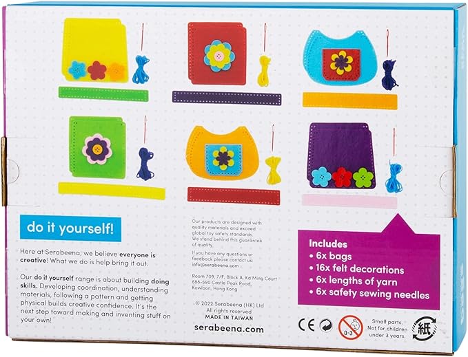 Serabeena Sew Your Own Bags - Sewing Kit for Kids - Felt Crafts for Ages 6-8 Plus - DIY Set Teaches Basic Stitch & Develops Fine Motor Skills - Fun Party Favors or Gifts - 6 Bags & Accessories