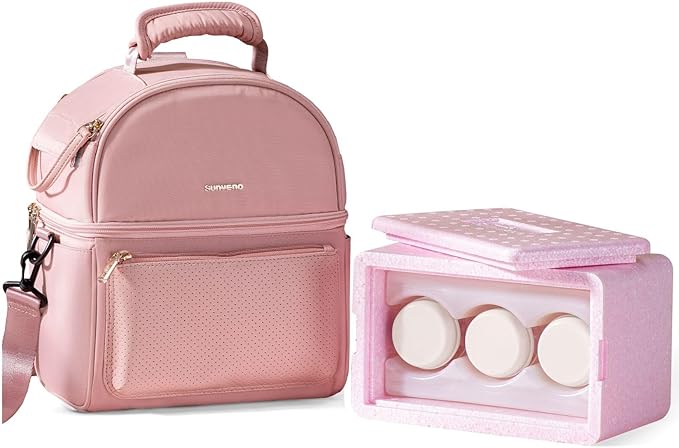 Sunveno Breastmilk Cooler Bag Set with 2 Ice Packs & Detachable Insulation Box, 15-Hour Cold Retention Foil-Lined Leak-Proof Tote Fits 3 Baby Bottles for On-The-Go Pumping Moms, Daycare & Travel,Pink
