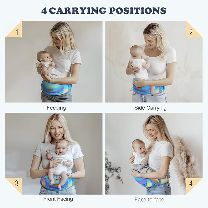 Baby Carrier with Hip Seat, Enhanced Safety, Hands-Free Support for Newborn to Toddler (0-66 lbs), Multiple Pockets, Ergonomic, Adjustable Waistband – Rainbow