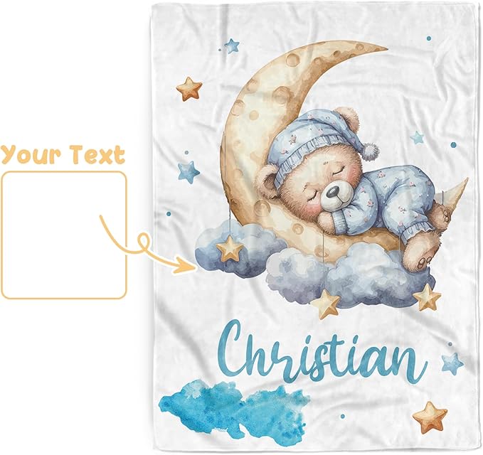 Customized Baby Blanket, Personalized Newborn Blankets with Name, Soft Receiving Blanket for Boys Girls, Blue Bear Double Layer Dotted Swaddle, Nursery Toddler Baby Shower Infant Gifts(60"x80")