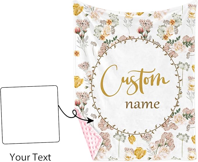 Personalized Name Baby Blanket, Soft Flannel with Double Layer Dotted Backing, Receiving Swaddle Blanket Suitable for Infants and Toddler, Flowers Design