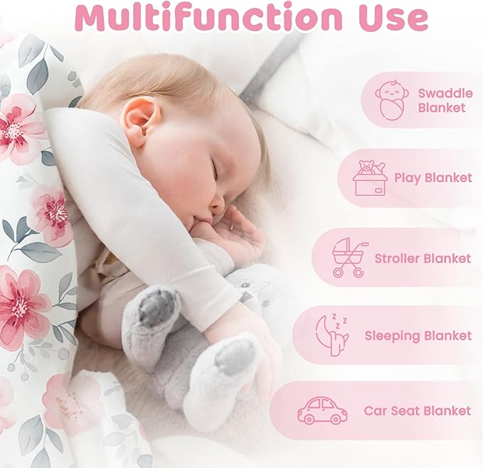 Floral Minky Baby Blanket 30 x 40 Inches for Boys Girls, Soft Plush Receiving Blanket with Dotted Back, Gift for Toddler Newborn Infant Christmas Birthday Baby Shower