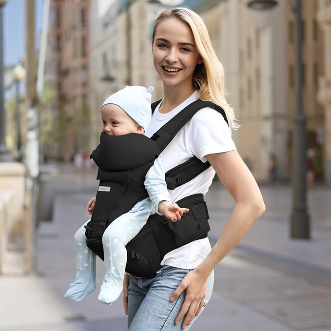 FRUITEAM Baby Carrier Newborn to Toddler 6 in 1 Hip Waist Stool with Head and Lumbar Support, Safety - Certified Hip Seat Carrier, Adjustable & Removable Baby Carrier for All Seasons, Black