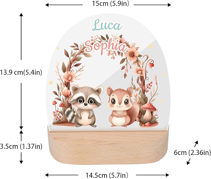 callie Acrylic Night Light Name Plate Personalized, Custom Cute Animal Dog Cat with Wooden Base Bedroom Decor, Birthday Gifts Kid Gifts for Family (Forest Animal)
