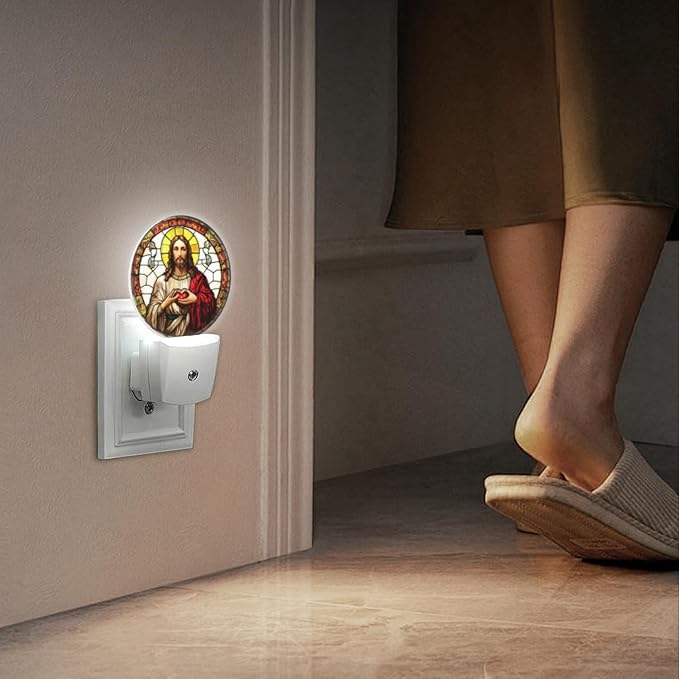 Round LED Night Lights Lamp with Dusk to Dawn Sensor, Jesus Christ with Sacred Heart in Hands Night Light Plug Into Wall for Kids Room, Bedroom, Bathroom, Kitchen, Hallway