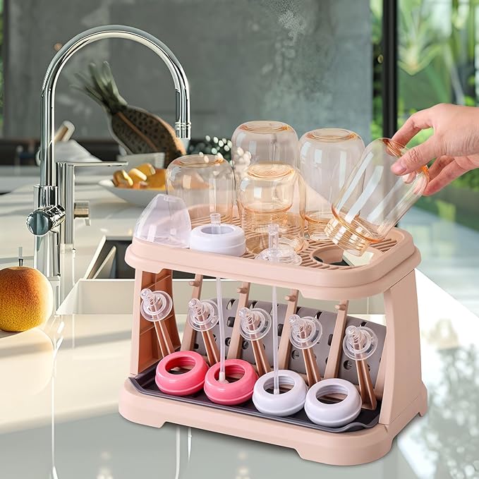 Baby Bottle Drying Rack:Space Saving Standing Drying Rack for Baby Bottles and Pump Part Cleaning,be Equipped with Bottle Brush(Pink Lotus Root)