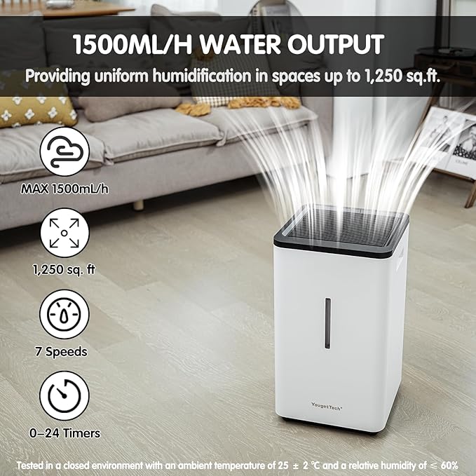 Evaporative Humidifiers |6.5L(1.8Gal) Tank for Whole Room Humidifier | 30 W Cool No Mist Humidifiers | 7 Speed | MAX Output 1500 ml/h | Auto Humid | Top Filling | White