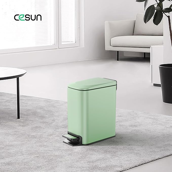 Cesun Small Bathroom Trash Can with Lid Soft Close, Step Pedal, 6 Liter / 1.6 Gallon Stainless Steel Garbage Can with Removable Inner Bucket, Anti-Fingerprint Finish (Matt Green)