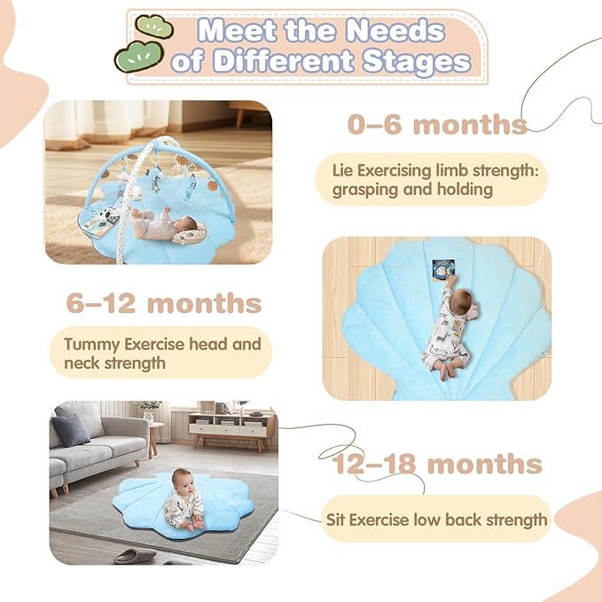 Baby Play Gym Mat, Oversize Tummy Time Activity Mat for Babies 0-6 Months, Shells Shaped Baby Play Mat with 6 Detachable Toys, Baby Mat for Floor Sensory Exploration Motor Skill Development (Blue)