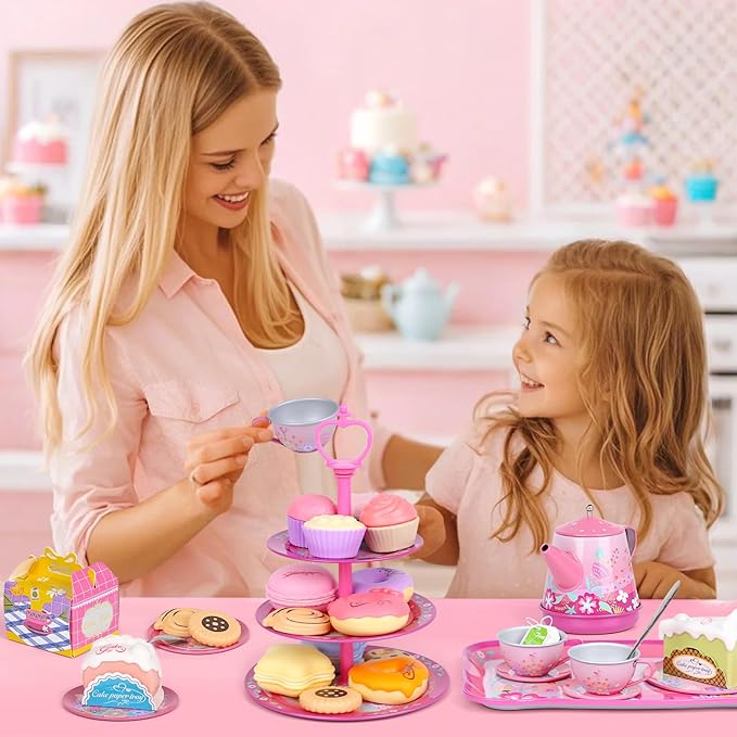Tea Party Set for Toddles 3-5,PRE-WORLD Musical Kids Tea Set for Little Girls with Dessert,Cookies,Doughnut,Cake,Cake Stand,Tablecloth & Carrying Case,Kitchen Pretend Play Toys for Girls Boys Age 3-6