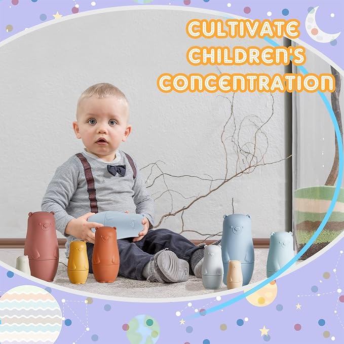 Chivao 8 Pieces Russian Nesting Dolls Silicone Matryoshka Doll Educational Stacking Nesting Dolls for Toddlers Vivid Food Grade Baby Teether for Kids, Gift for Kids(Bear)