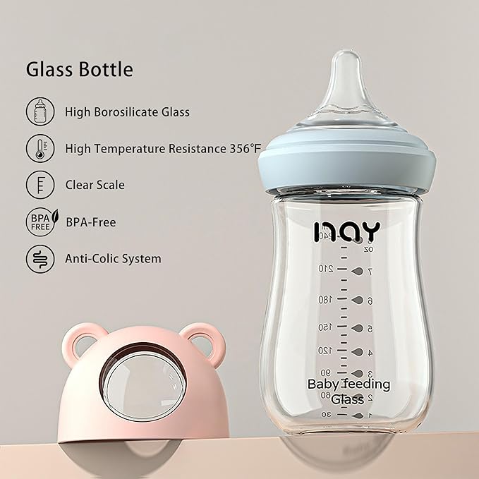 Natural Glass Baby Bottle for Breastfeeding Babies, 8oz Anti-Colic Baby Bottle with Natural Response Nipple(M), Clear, Wide Neck, 4 Pack, 3 Months+