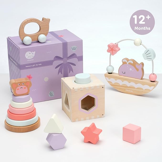 Sensory & Educational Wooden Toy Set for Toddlers 1-3 Years Old - Stacking Rings, Shape Sorter, Push Car, Bead Maze, Montessori Toys for Boys & Girl