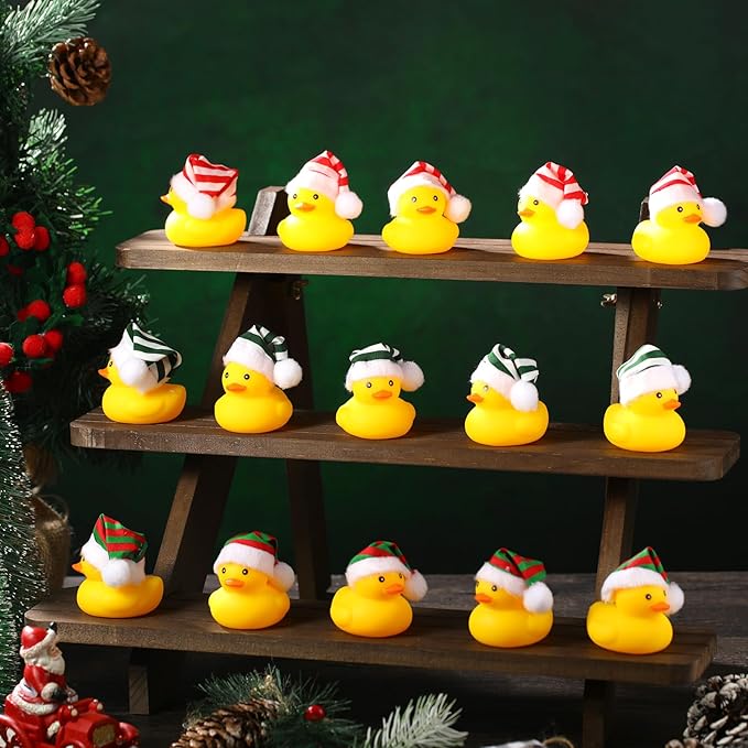 Liliful 24 Pcs Christmas Rubber Ducks with Hat Xmas Mini Rubber Ducks in Bulk Holiday Party Favors Bath Toys for Christmas Party Decor Gift (Striped Hat)