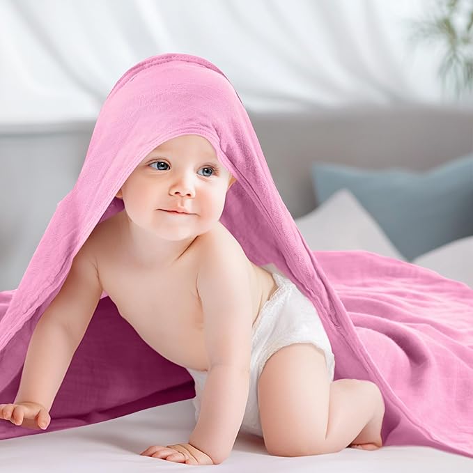 Preboun 6 Pcs Muslin Hooded Baby Towels and Washcloths 32"x 32" Cotton Newborn Bath Towel Anti-Shrink Infant Baby Blankets with Hood 12"x 12" Washcloths for Girl Boy Toddler(Rose Red,Pink)