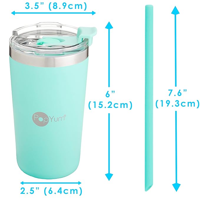 PopYum 13oz Insulated Stainless Steel Kids’ Cups with Lid and Straw, 2-Pack, Blue, Green, stackable, sippy, baby, child, toddler, tumbler, double wall, vacuum, leak proof