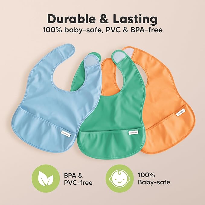 3-Pack Waterproof Baby Bibs for Eating - Lightweight Toddler Feeding Bibs with Large Food Catcher, Mess Proof, Food-Grade Baby Eating Essentials, Easy to Put On & Clean (Slate)