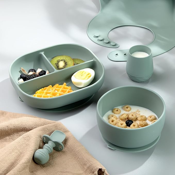 SAMiGO Silicone Baby Bowl and Spoon Set with Suction and Lid, First Stage Self Feeding Essentials, Food Bowl for 6+ Months