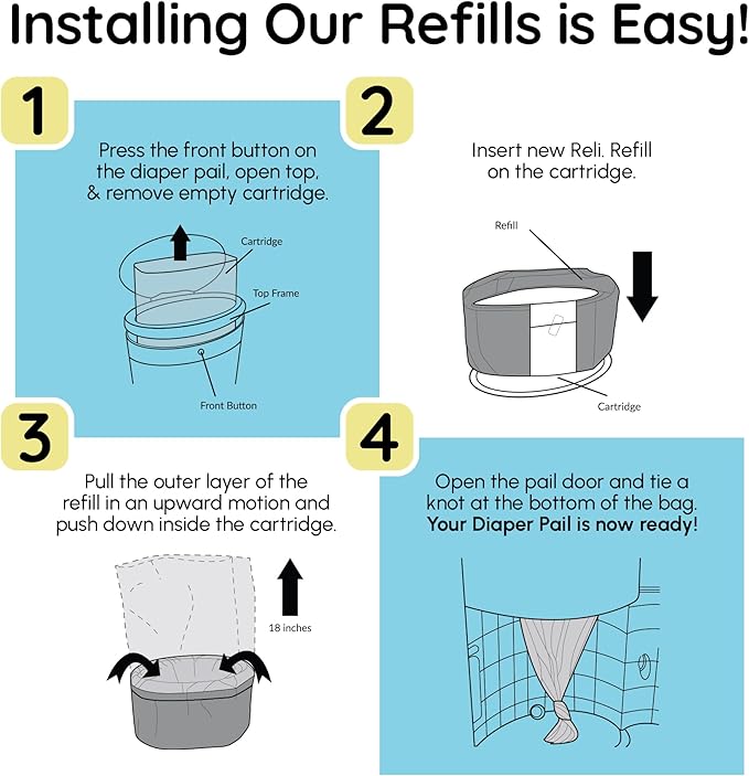 Reli. Diaper Pail Refill Bags, Compatible with Dekor Classic (5 Pack) | Diaper Dekor Refills w/Powder Fresh Scent | Odor Blocking, Strong, Easy Replacement Bags | Holds up to 2475 Diapers