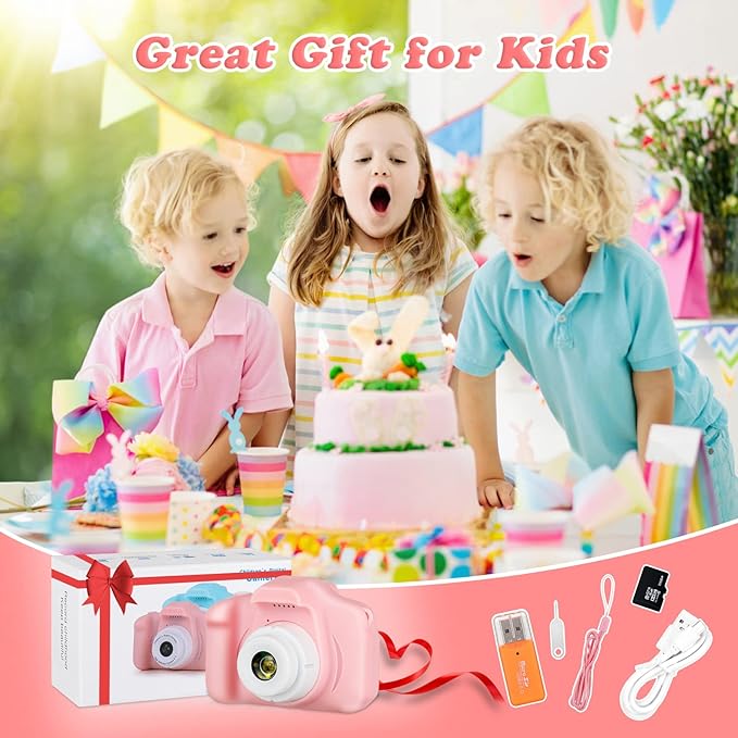 Kids Camera, HD Digital Video Camera,Childrens Toys for 3 4 5 6 7 8 9 Year Old Boys/Girls, Selfie Camera for Kids, Christmas Birthday Gifts with 32GB SD Card(Pink)