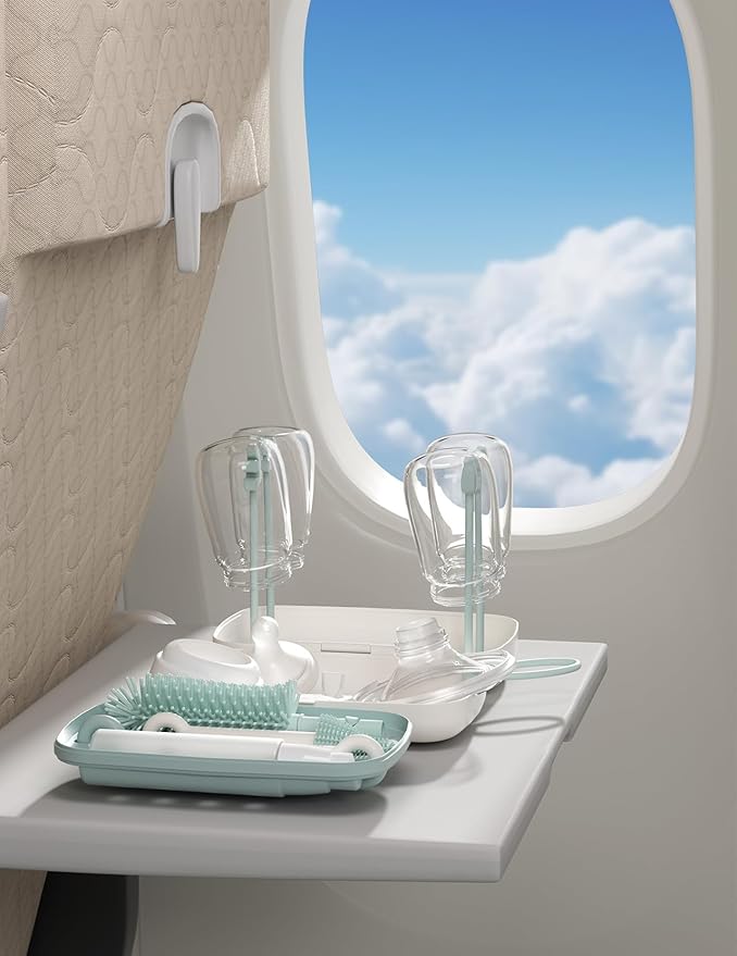 Momcozy Bottle Brush Set - Baby Bottle Cleaner Kit with Silicone Brush, Nipple Brush, Straw Brush, Soap Dispenser, Drying Rack - 7 in 1 Bottle Cleaning Tool for Home and Travel, Green