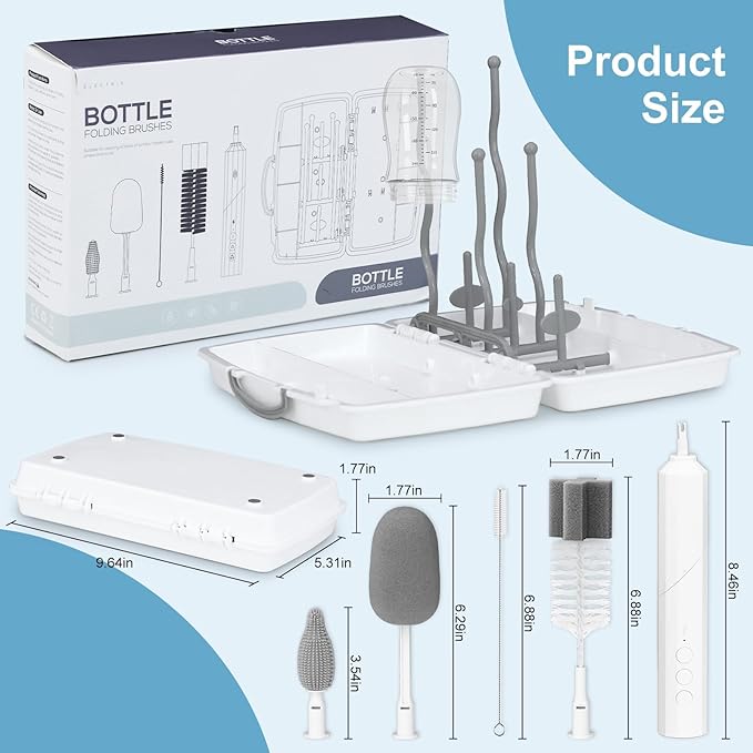 Yoobao Electric Baby Bottle Cleaner Kit, Rechargeable Travel Bottle Cleaner Set with Drying Rack, 3 Speed Cleaning Modes, Nipple, Straw, Sponge Brush, Ideal Present for After Birth Moms