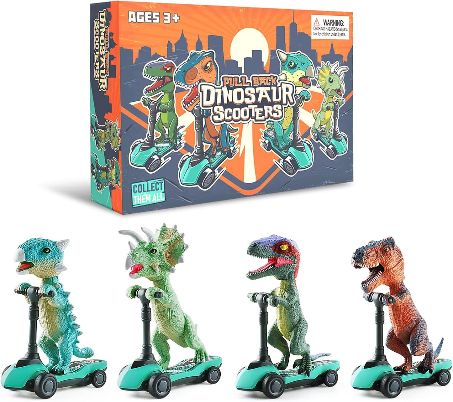 DINOBROS Dinosaur Scooter Toys Pull Back Cars Mini Finger Kick Scooters Boy Toy Age 3 4 5 6, Dino Gift Sets for Kids 4-Pack