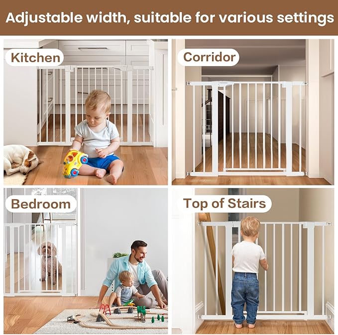 Mumeasy Baby Gate for Stairs - 29.6-46" Auto Close Dog Gate for Doorways, Extra Wide Child Gate Indoor, Walking Through Safety Gate for Kid, Pet Gates No Drilling White, Mom's Choice Awards Winner