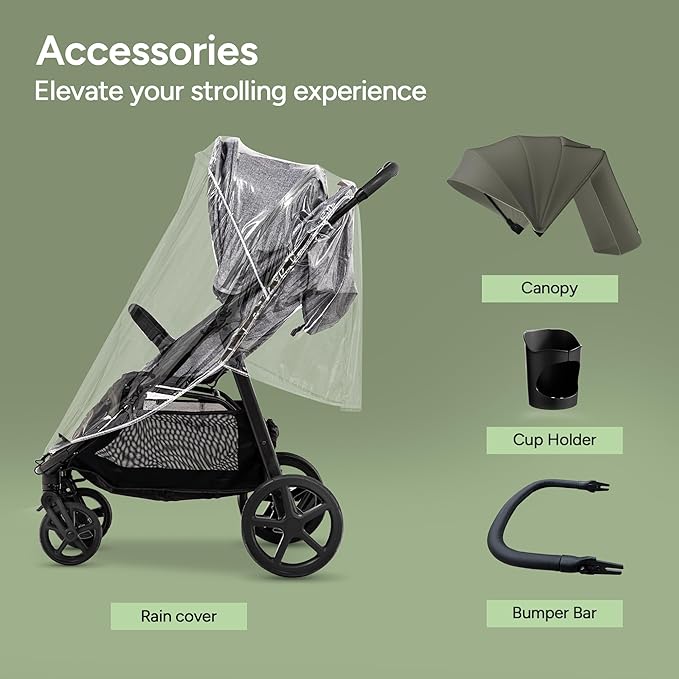 Mompush Nova Baby Stroller for Toddler, Infant & Newborn | Spacious Seat & Lie-Flat Mode | Compact One-Hand Fold, UPF 50+ Canopy & All-Wheel Suspension | Includes Rain Cover & Cup Holder, Green