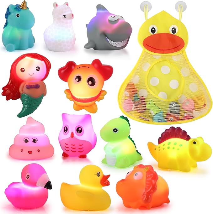 12 PCS Light Up Bath Toys with Duck Mesh Tub Storage Organizer, Toddler Flashing Color Changing LED Bathtub Mermaid Toy in Water for Kids