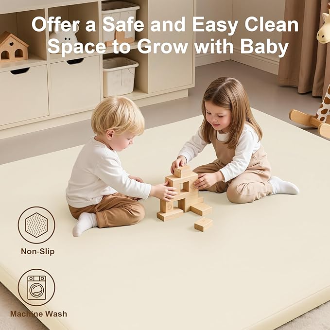 Baby Play Mat for Floor,50x50 Playpen Mat,Non-Slip Leather&Thick Foam Floor Cushion,Removable Waterproof Cover,Easy Care for Baby Crawling,Toddler,Kids,Tummy Time(Beige)