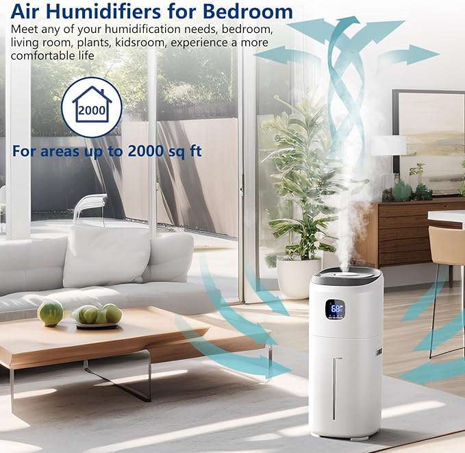 KZF 15L Humidifiers for Bedroom Large Room - 2000 Sq.ft Coverage, 72Hrs Runtime, Top Fill, 26dB Quiet, 3 Mist Levels & Diffuser, Auto Shut-Off, Ready for Baby Nursery and Plants